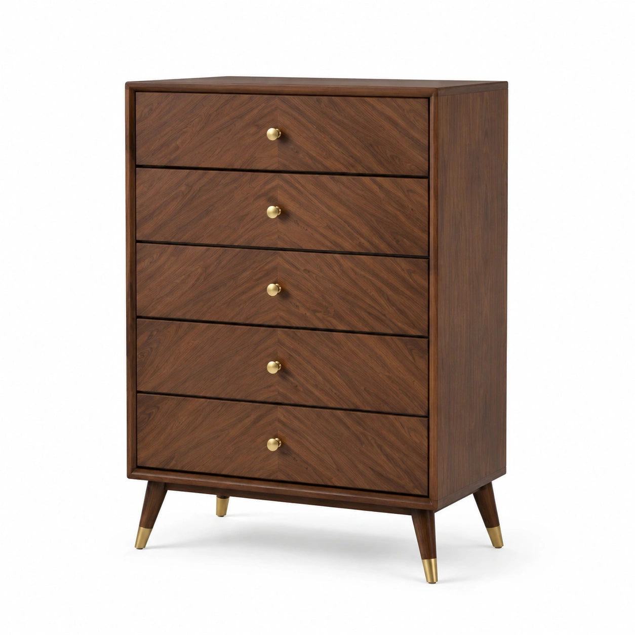 Commode haute à 5 tiroirs en bois brun avec finitions dorées, 80 x 42 x 118 cm