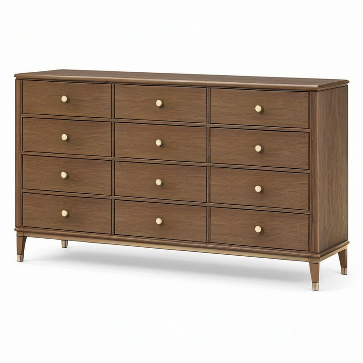 Commode en bois à 12 tiroirs, finition noyer et détails dorés, 160 x 45 x 90 cm