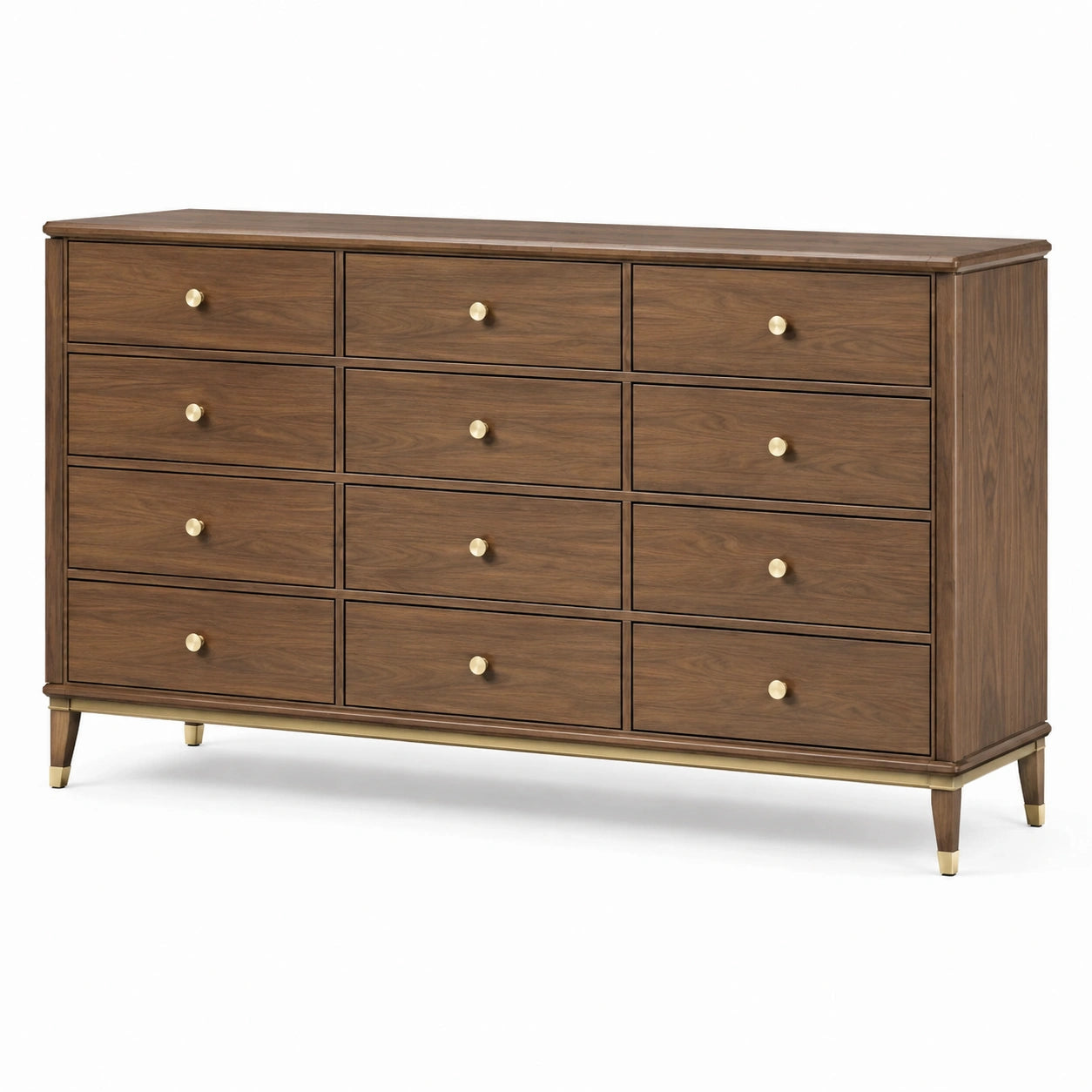 Commode en bois à 12 tiroirs, finition noyer et détails dorés, 160 x 45 x 90 cm
