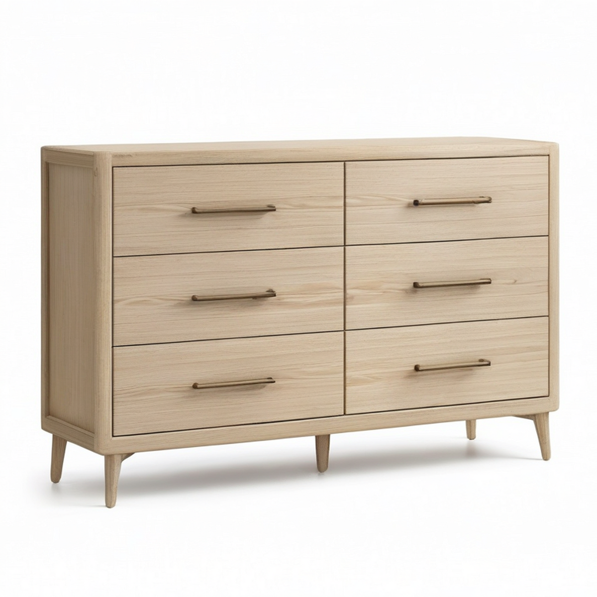 Commode contemporaine à 6 tiroirs, finition beige naturel et poignées dorées, 140 x 45 x 85 cm