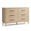 Commode contemporaine à 6 tiroirs, finition beige naturel et poignées dorées, 140 x 45 x 85 cm