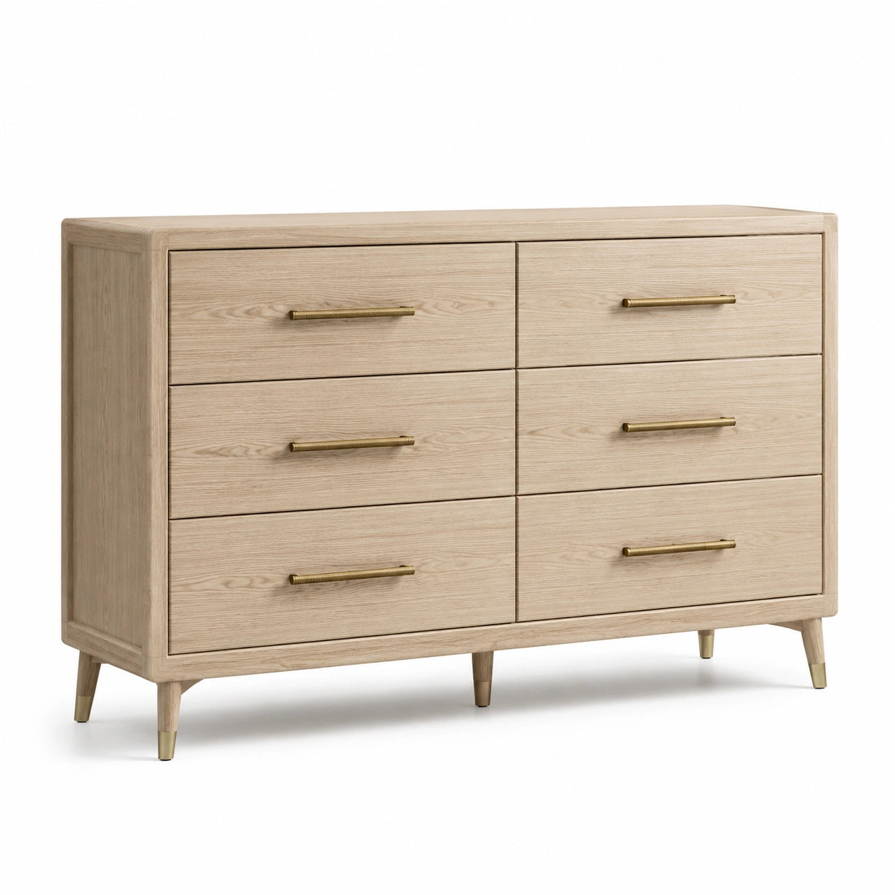 Commode contemporaine à 6 tiroirs, finition beige naturel et poignées dorées, 140 x 45 x 85 cm
