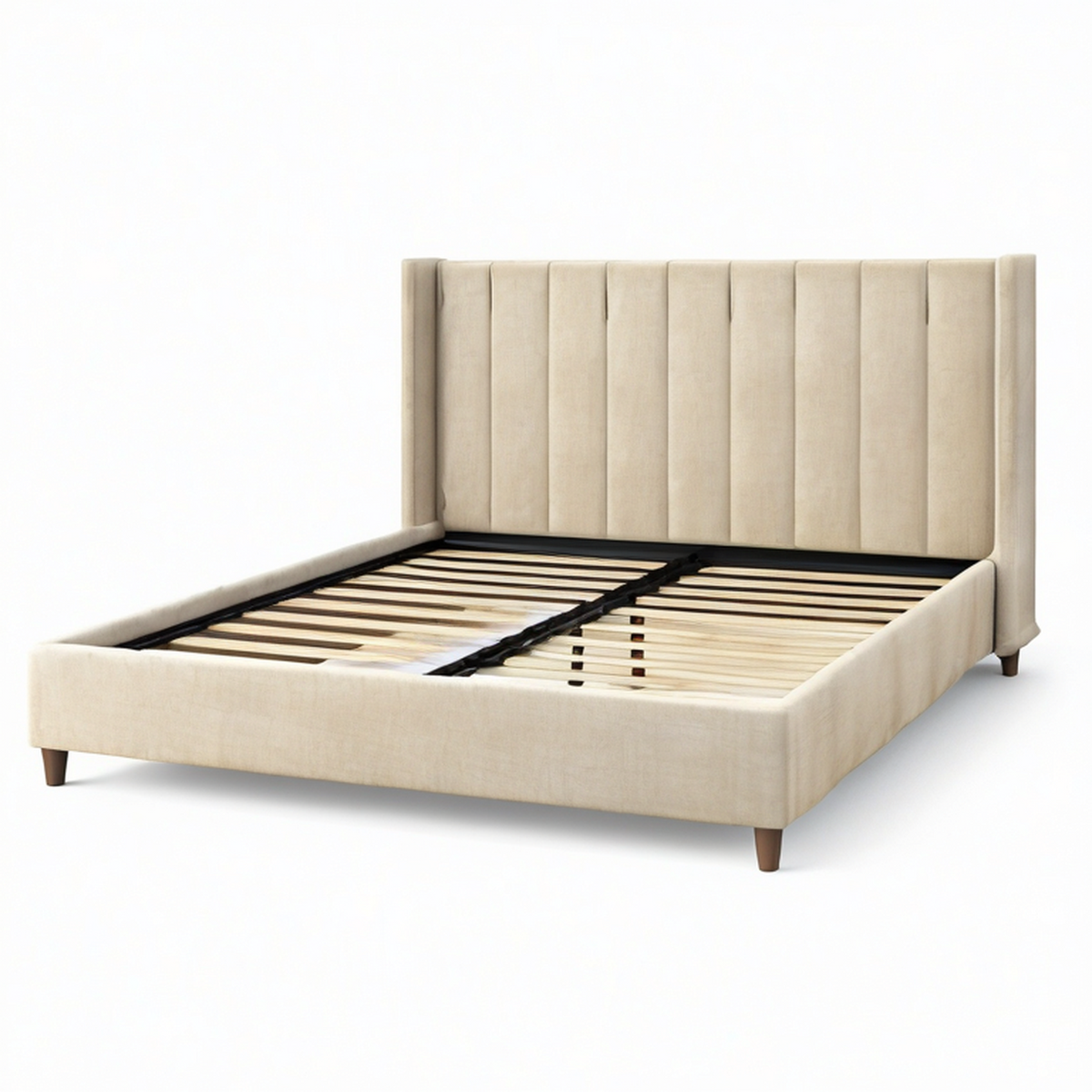 Lit double rembourré beige pour matelas 160 x 200 cm, dimensions 170 x 215 x 115 cm, tête de lit à panneaux verticaux et sommier à lattes