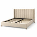 Lit double rembourré beige pour matelas 160 x 200 cm, dimensions 170 x 215 x 115 cm, tête de lit à panneaux verticaux et sommier à lattes