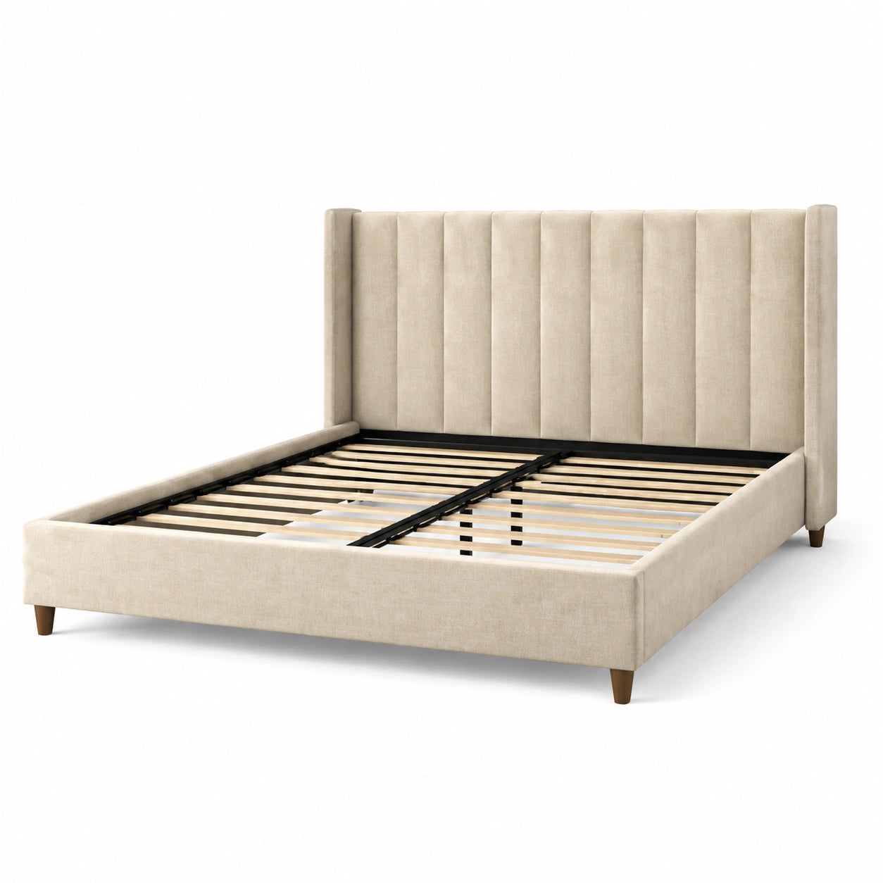 Lit double rembourré beige pour matelas 160 x 200 cm, dimensions 170 x 215 x 115 cm, tête de lit à panneaux verticaux et sommier à lattes