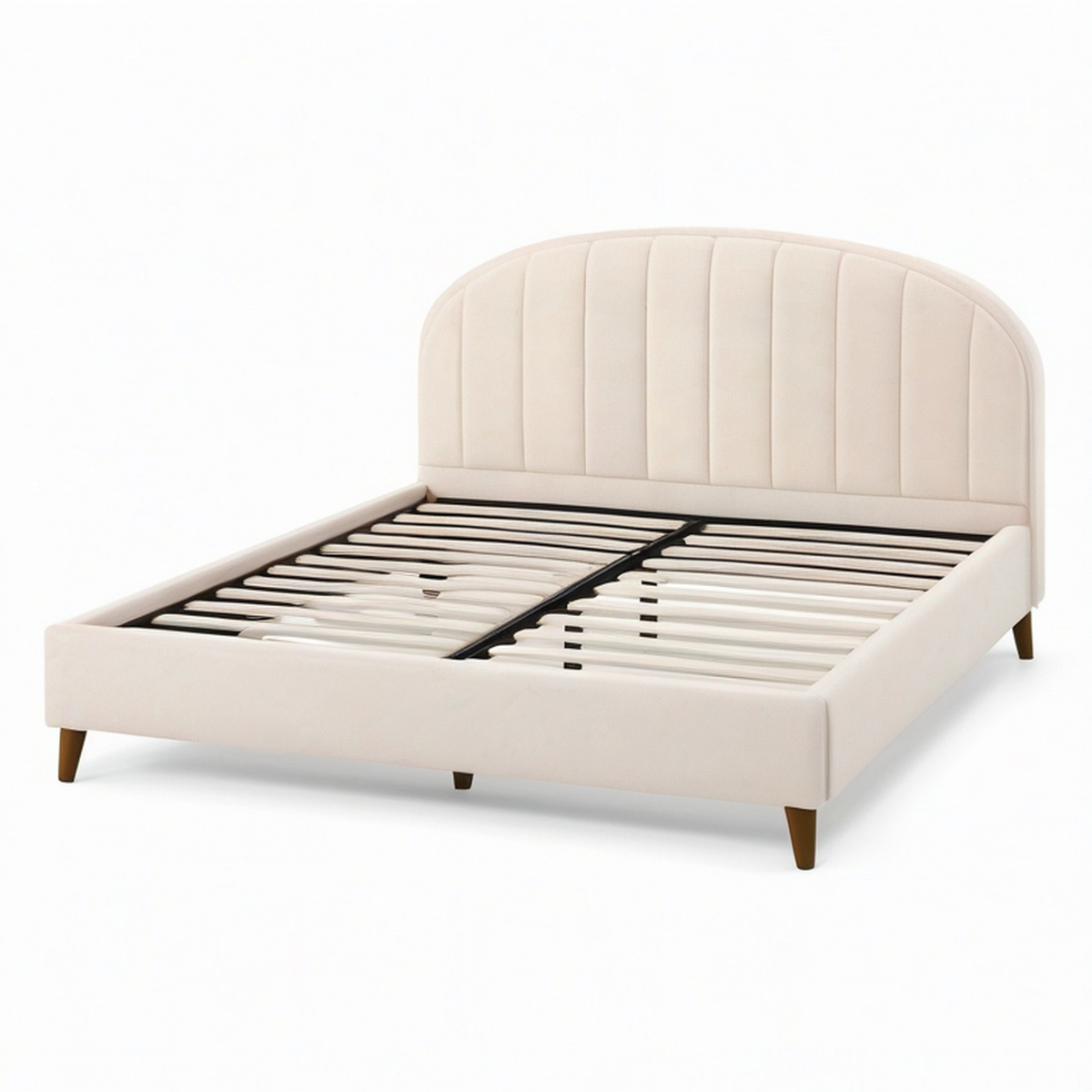 Lit double rembourré beige 160 x 200 cm avec tête de lit arrondie et sommier à lattes