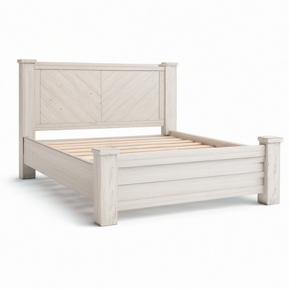 Lit double en bois blanc vieilli pour matelas 160 x 200 cm avec sommier à lattes, 220 x 176 x 145 cm