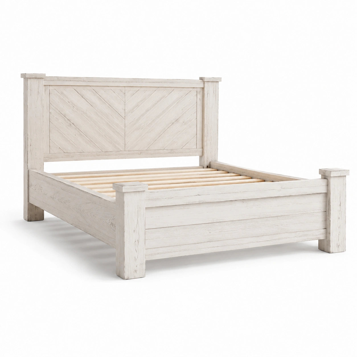 Lit double en bois blanc vieilli pour matelas 160 x 200 cm avec sommier à lattes, 220 x 176 x 145 cm