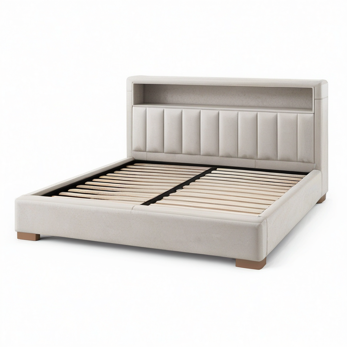 Lit double rembourré beige 160 x 200 cm avec tête de lit à niche et sommier à lattes, 218 x 174 x 120 cm
