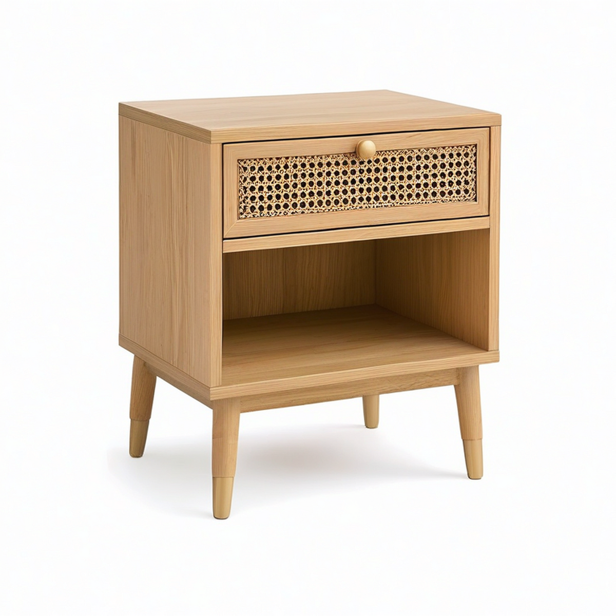 Table de chevet effet chêne clair et cannage avec 1 tiroir et 1 niche, 45 x 40 x 60 cm
