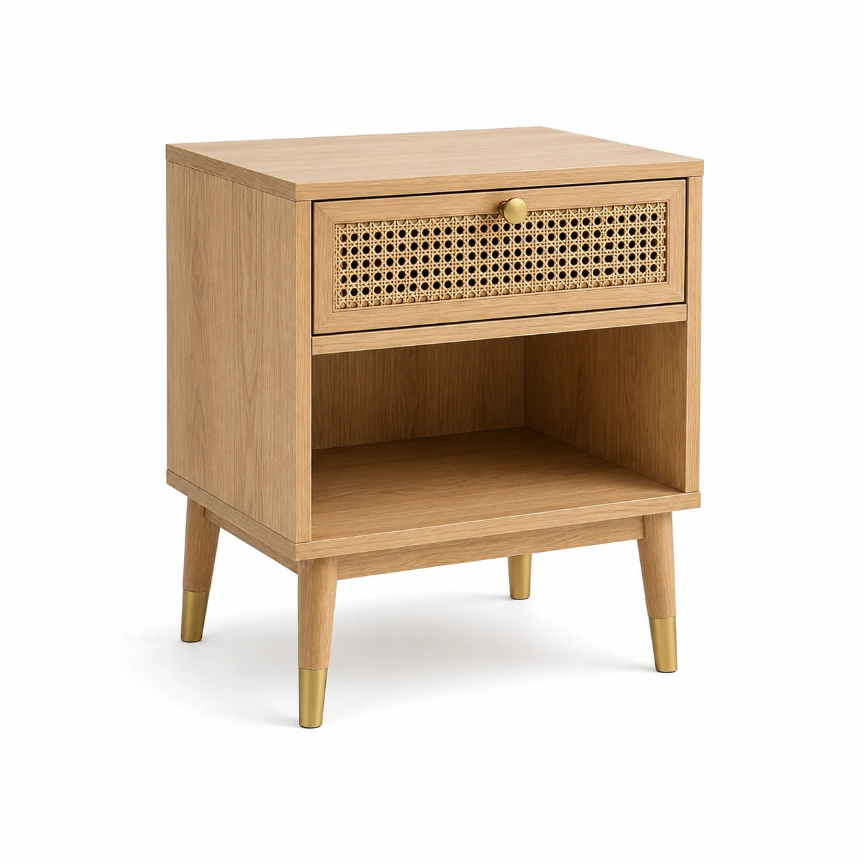 Table de chevet effet chêne clair et cannage avec 1 tiroir et 1 niche, 45 x 40 x 60 cm