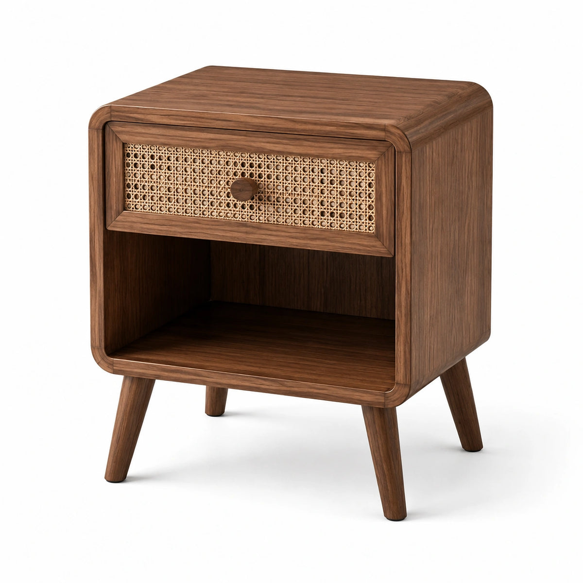 Table de chevet en bois brun et cannage naturel, avec tiroir et niche, 50 x 40 x 60 cm, style rétro