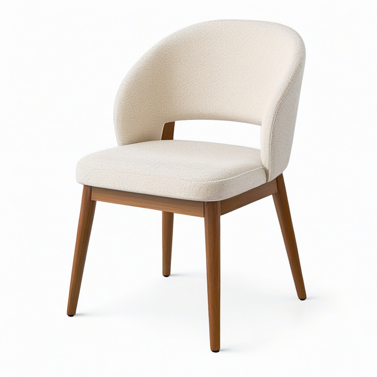 Chaise de salle à manger en tissu bouclé écru et bois marron, dossier enveloppant, 57 x 60 x 82 cm