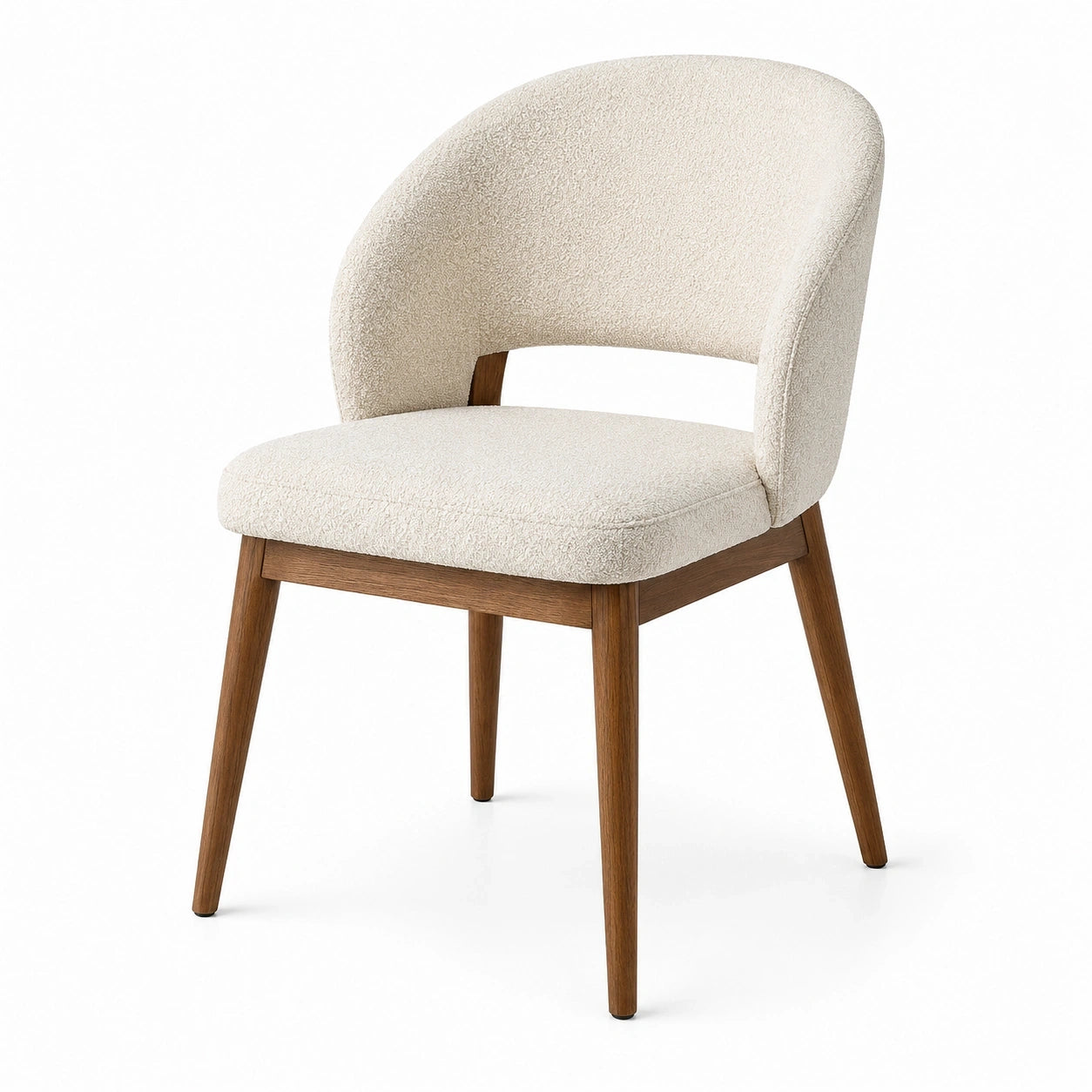 Chaise de salle à manger en tissu bouclé écru et bois marron, dossier enveloppant, 57 x 60 x 82 cm