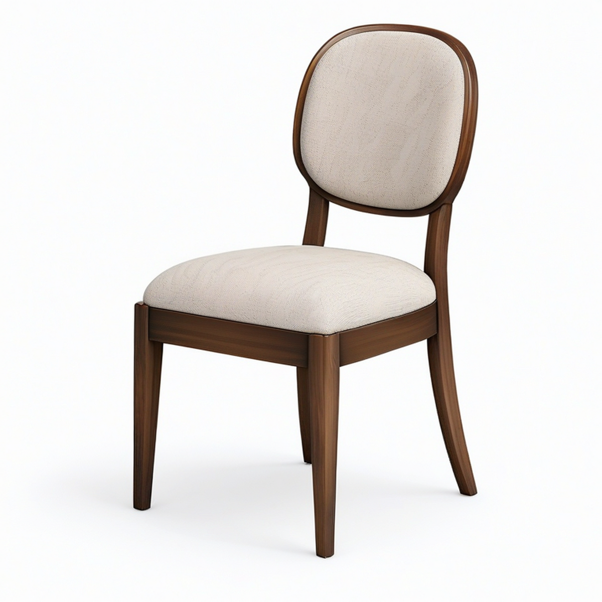 Chaise rembourrée en bois brun et tissu beige, 50 x 58 x 88 cm, dossier arrondi, style classique
