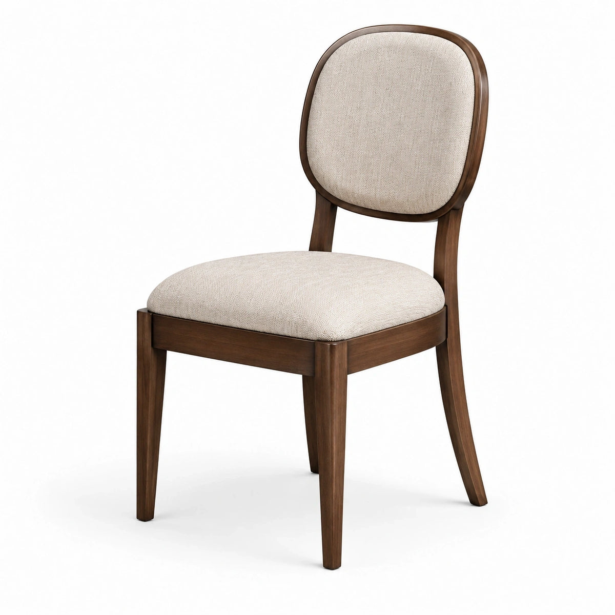 Chaise rembourrée en bois brun et tissu beige, 50 x 58 x 88 cm, dossier arrondi, style classique
