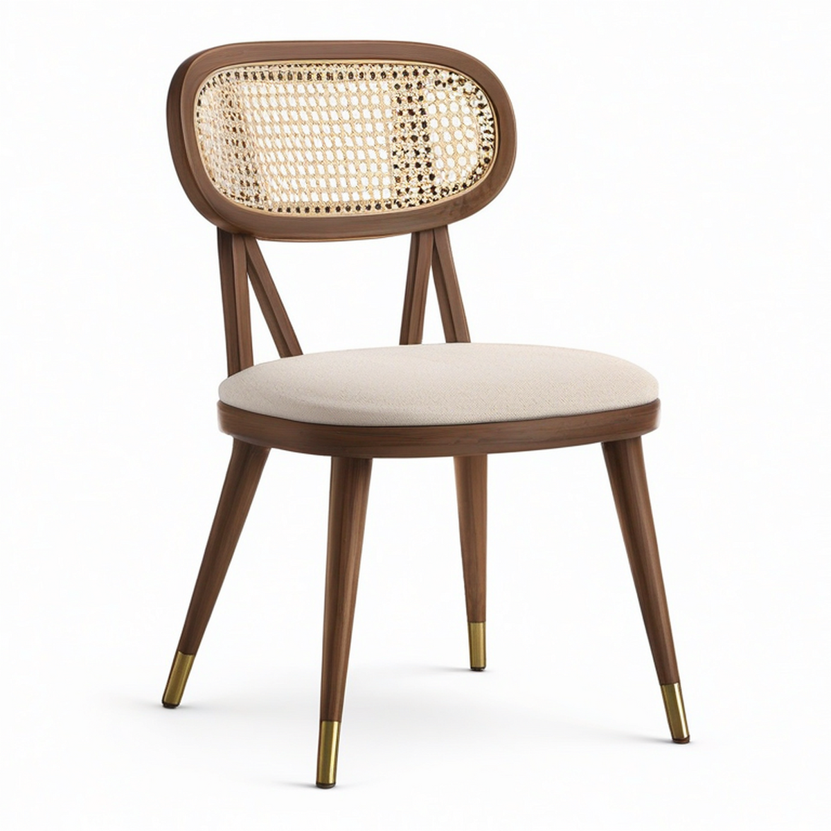 Chaise de salle à manger en bois brun, cannage beige et assise rembourrée, 50 x 55 x 82 cm