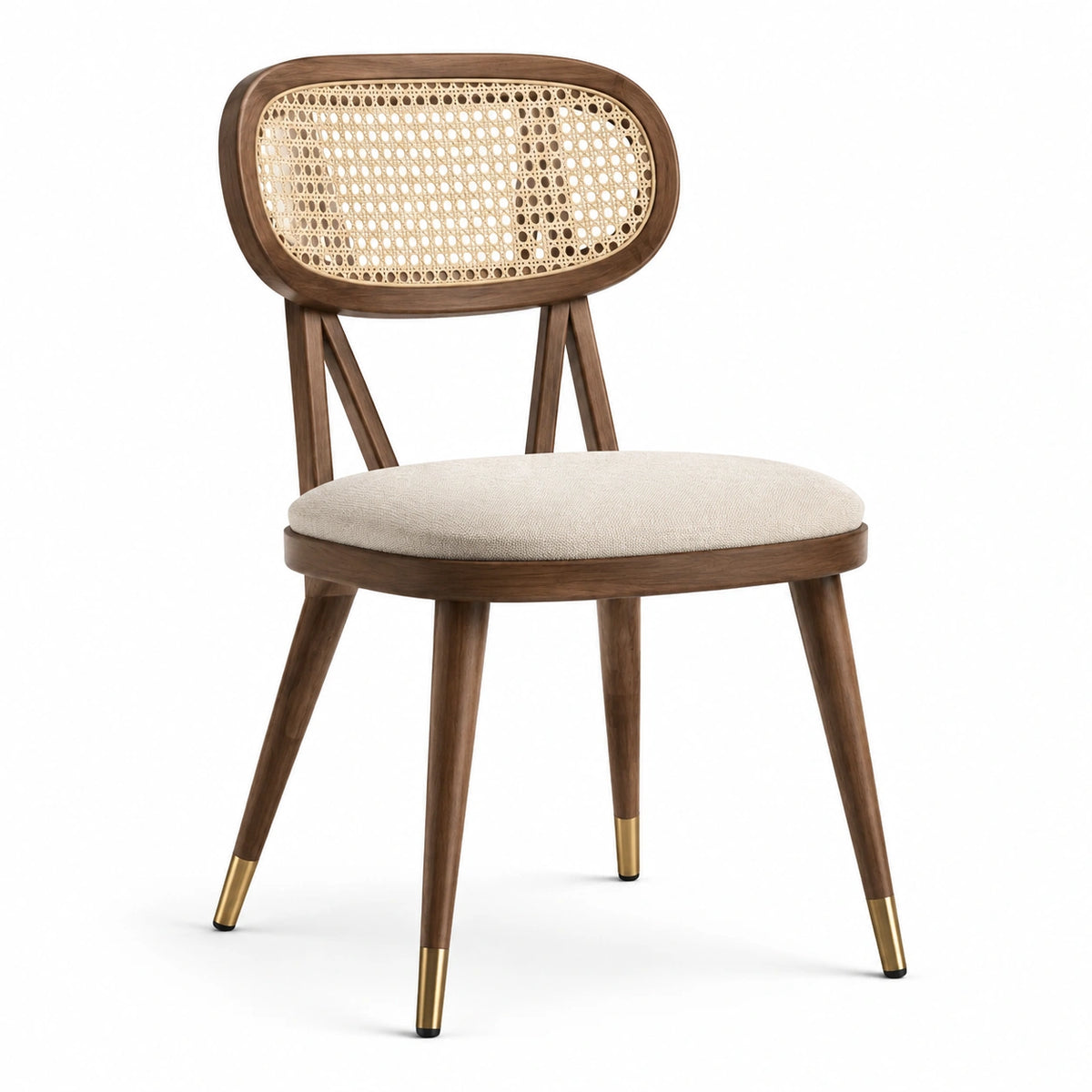 Chaise de salle à manger en bois brun, cannage beige et assise rembourrée, 50 x 55 x 82 cm