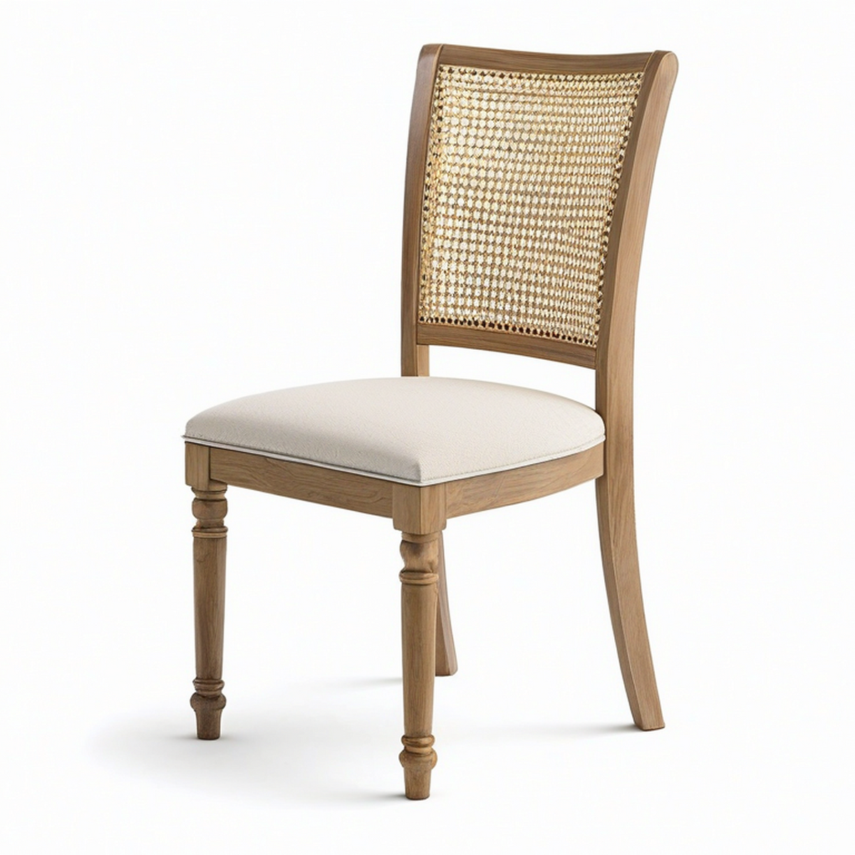 Chaise en bois naturel et cannage avec assise rembourrée beige, 50 x 55 x 95 cm