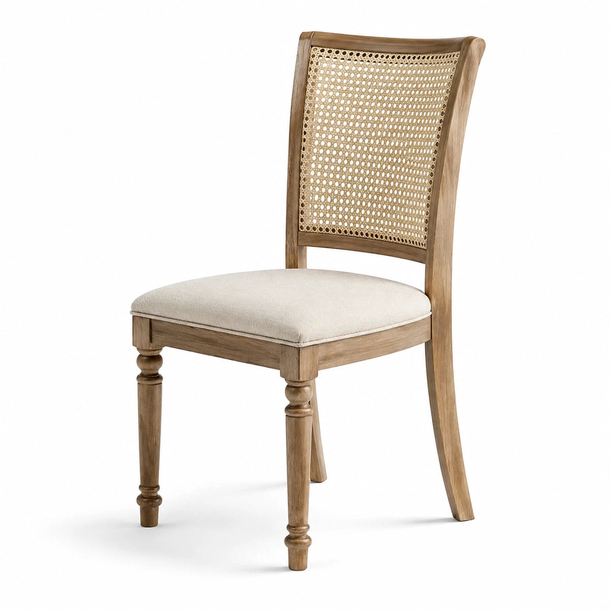 Chaise en bois naturel et cannage avec assise rembourrée beige, 50 x 55 x 95 cm