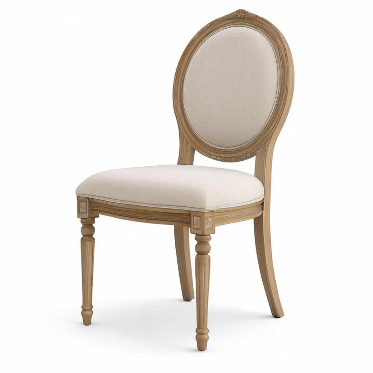 Chaise de salle à manger en bois naturel et tissu beige avec dossier médaillon, 50 x 58 x 98 cm