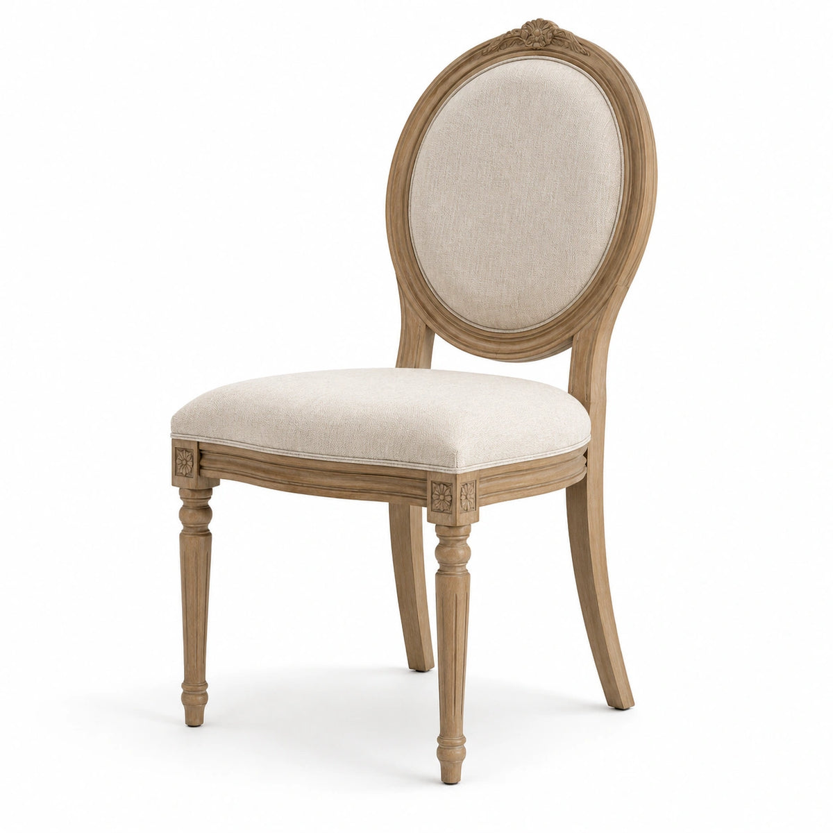 Chaise de salle à manger en bois naturel et tissu beige avec dossier médaillon, 50 x 58 x 98 cm
